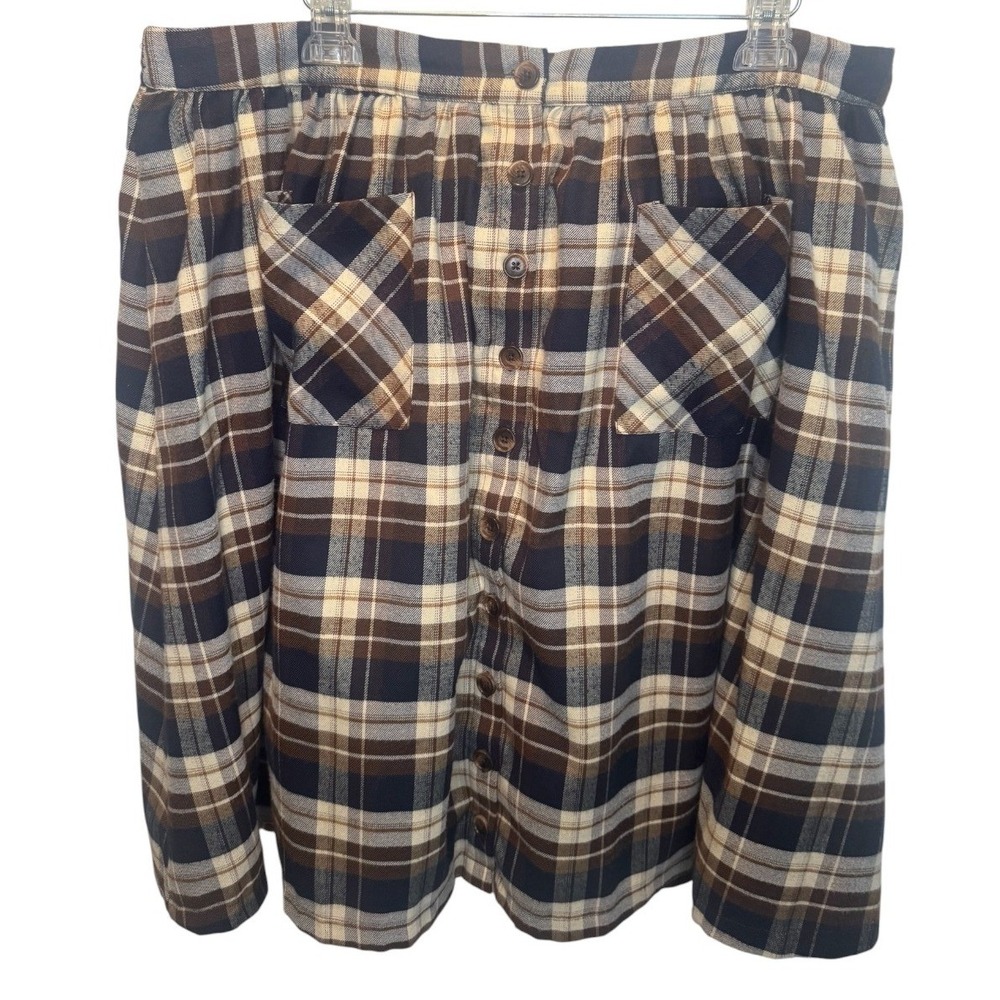 ModCloth Brown Navy Blue Plaid Flannel Button Front Mini Skirt Pockets 2X